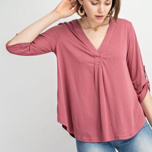 🆕 NWT Solid V Neck Pleated Roll Up Knit Top